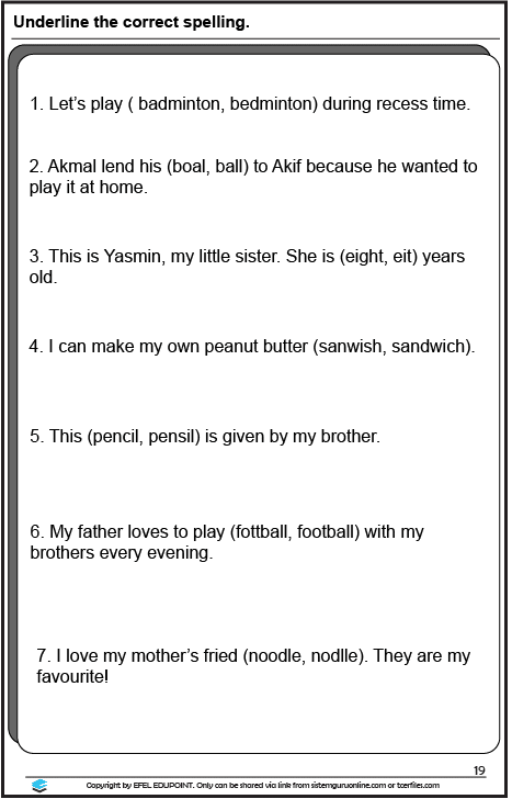 Latihan Bahasa Inggeris Tahun 1= Unit: At School, Muka Surat 18&19 ini dapat membantu menguatkan lagi kemahiran menguasai bahasa dalam kalangan kanak-kanak kanak-kanak. Di dalam latihan ini, akan mengajar anak-anak untuk peka dengan setiap ejaan perkataan. Walaupun mempunyai sebutan yang sama, tetapi membawa makna yang berbeza. ENGLISH YEAR 1 PAGE 19 (AT SCHOOL)