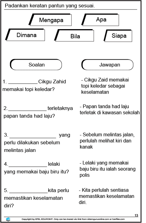 Latihan Bahasa Melayu Tahun 1= Unit: Keselamatan, Muka Surat 13&14. Di dalam latihan ini, terdapat latihan yang mengenalkan pantun ringkas kepada para pelajar. Latihan BM Tahun 1 Tema Keselamatan, Muka Surat 13