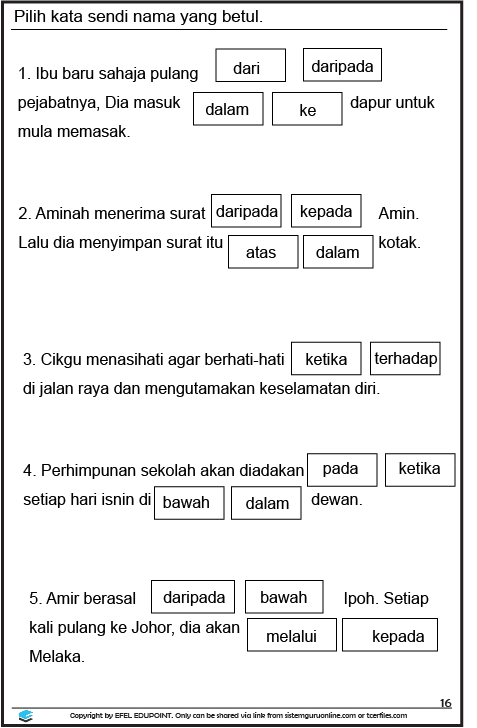 Latihan BM Tahun 1 Tema Keselamatan, Muka Surat 16
