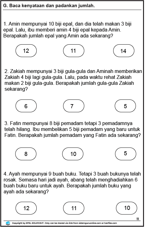 Diharapkan agar dengan perkongsian Latihan Matematik Operasi Asas Tahun 1 ini akan dapat memberikan manfaat kepada para guru, ibu bapa dan juga murid-murid dalam meningkatkan kemahiran mengira mereka. Sila layari laman web rasmi Sistem Guru Online untuk mendapatkan informasi terkini dan juga bahan-bahan pendidikan yang berguna untuk guru-guru. MATEMATIK TAHUN 1 OPERASI ASAS MS 11