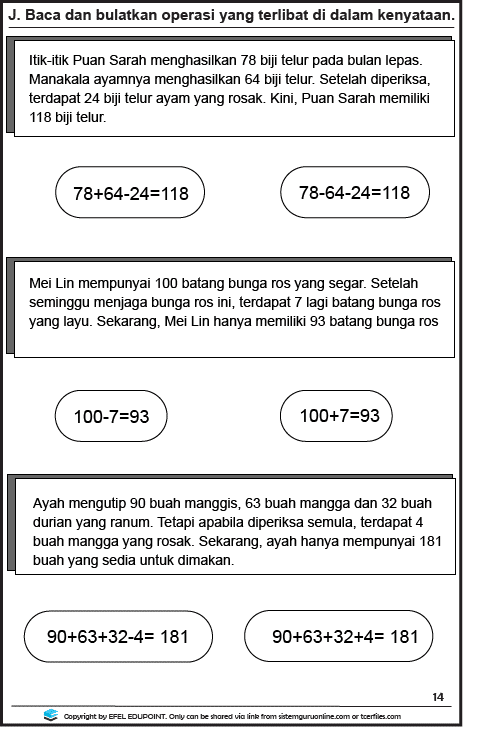Latihan Matematik Tahun 1= Unit: Operasi Asas Muka Surat 13&14 ini mempunyai soalan penyelesaian masalah yang melibatkan operasi asas matematik tahun 1 iaitu tambah dan tolak. MATEMATIK TAHUN 1 OPERASI ASAS MS 14