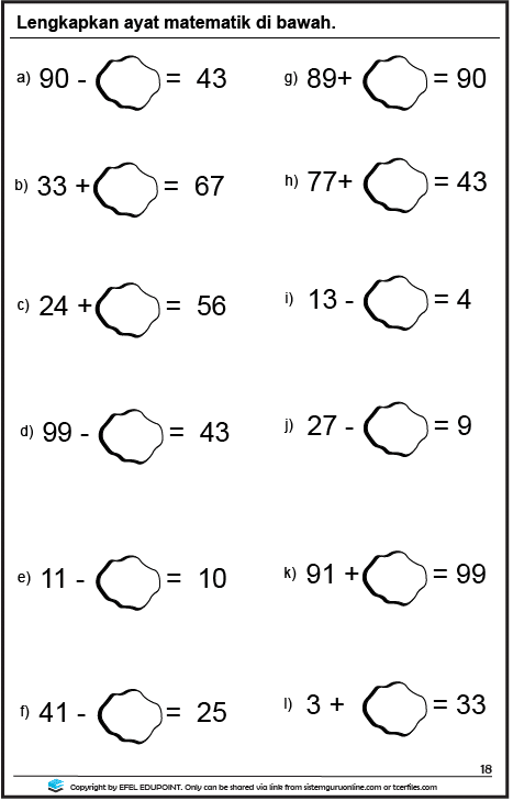 Latihan Matematik Tahun 1= Unit: Operasi Asas, Muka Surat 17&18 sedikit sebanyak dapat memberikan kefahaman yang lebih mendalam terhadap topik Matematik ini. MATEMATIK TAHUN 1 OPERASI ASAS MS 18
