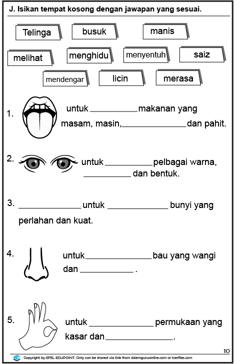 Ibu bapa juga boleh menggunaakan pendekatan induktif Sains Tahun 1 dalam mendidik anak-anak berkenaan dengan mata pelajaran Sains khususnya bagi topik deria ini. Ibu bapa turut memainkan peranan dalam mendidik anak-anak tentang pendidikan bukan sahaja guru-guru di sekolah. SAINS TAHUN 1, UNIT 4 MANUSIA MUKA SURAT 11