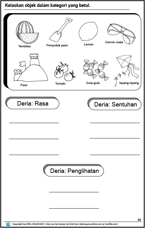 Latihan Sains Tahun 1= Unit: Deria Manusia, Muka Surat 13&14. Latihan ini dapat membantu para guru dalam penyediaan bahan pendidikan yang sesuai untuk digunakan semasa proses pembelajaran di sekolah. SAINS TAHUN 1, UNIT 4 MANUSIA MUKA SURAT 14
