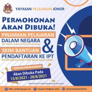 Permohonan Skim Bantuan Pendaftaran IPT YPJ 2021 merupakan bantuan yang disediakan oleh Yayasan Pelajaran Johor (YPJ) kepada penuntut baharu IPT sebanyak RM500 bagi peringkat diploma dan RM1,000 bagi ijazah sarjana muda. iklan pinjaman skim pendaftaran