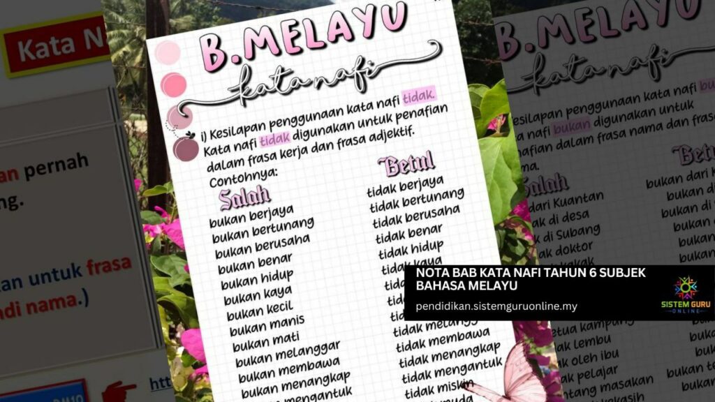 Salah satu bab penting dalam subjek bahasa Melayu tahun 6 iaitu bab kata nafi. Ia membentuk asas yang kukuh untuk memahami struktur ayat dan penggunaan perkataan dalam kalimat. Dalam nota ini, kami akan membincangkan beberapa aspek yang perlu diberi perhatian oleh pelajar dan juga memberi cadangan kepada ibu bapa serta guru untuk membantu mereka memperoleh bahan nota yang mudah diingat. Nota Bab Kata Nafi Tahun 6 Subjek Bahasa Melayu