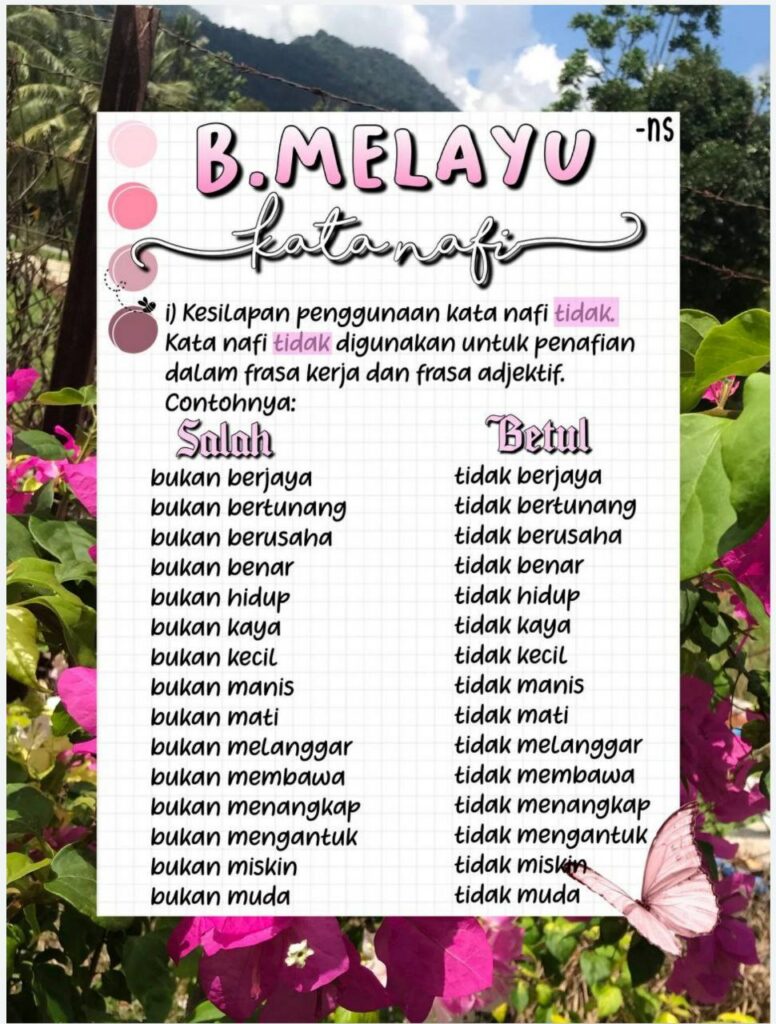 Salah satu bab penting dalam subjek bahasa Melayu tahun 6 iaitu bab kata nafi. Ia membentuk asas yang kukuh untuk memahami struktur ayat dan penggunaan perkataan dalam kalimat. Dalam nota ini, kami akan membincangkan beberapa aspek yang perlu diberi perhatian oleh pelajar dan juga memberi cadangan kepada ibu bapa serta guru untuk membantu mereka memperoleh bahan nota yang mudah diingat. Nota Bab Kata Nafi Tahun 6 Subjek Bahasa Melayu
