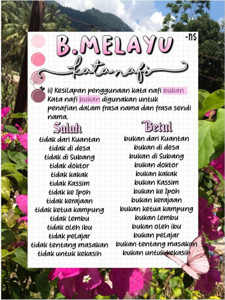 Salah satu bab penting dalam subjek bahasa Melayu tahun 6 iaitu bab kata nafi. Ia membentuk asas yang kukuh untuk memahami struktur ayat dan penggunaan perkataan dalam kalimat. Dalam nota ini, kami akan membincangkan beberapa aspek yang perlu diberi perhatian oleh pelajar dan juga memberi cadangan kepada ibu bapa serta guru untuk membantu mereka memperoleh bahan nota yang mudah diingat. Nota Bab Kata Nafi Tahun 6 Subjek Bahasa Melayu
