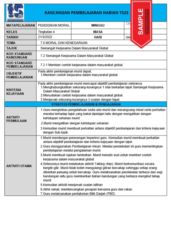 contoh Download rph 2022 subjek pendidikan moral tingkatan 4