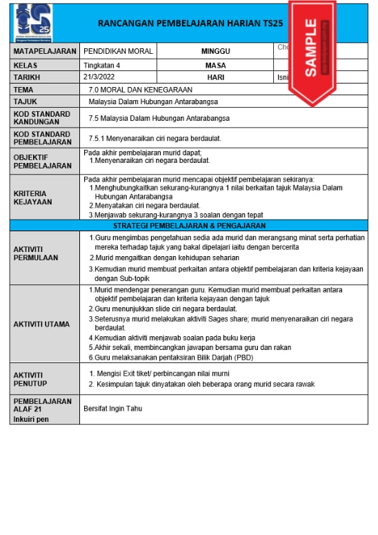 contoh Download rph 2022 subjek pendidikan moral tingkatan 4