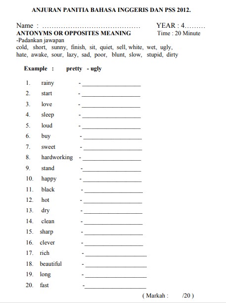 Dapatkan bahan ujian akhir sesi akademik bahasa inggeris tahun 5 yang admin kongsikan bagi persediaan pelajar sebelum peperiksaan. Penguasaan pelajar berdasarkan latih tubi yang dibuat sangat membantu mereka menjawab soalan peperiksaan dengan baik dan dalam tempoh yang di tetapkan. Dapatkan Bahan Ujian Akhir Sesi Akademik Bahasa Inggeris Tahun 5