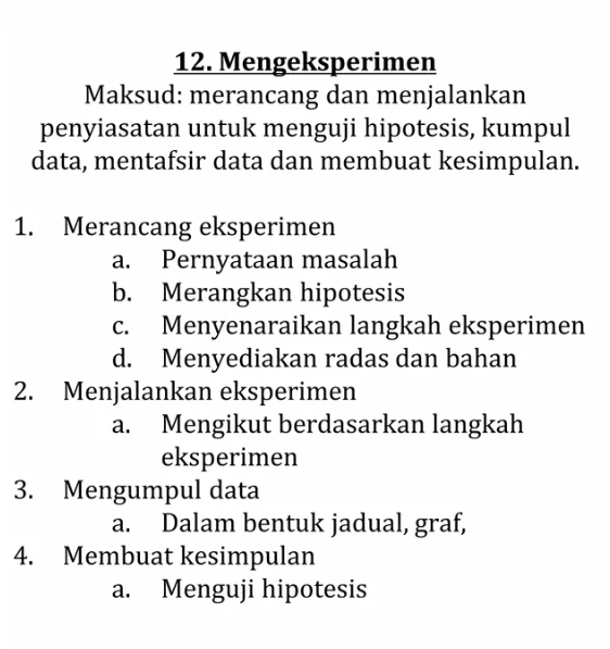 Dalam dunia sains, kemahiran proses sains yang ke-12, iaitu mengeksperimen, memainkan peranan yang signifikan dalam pembangunan ilmu pengetahuan. Proses mengeksperimen melibatkan langkah-langkah sistematik untuk menguji hipotesis dan mengumpul data yang relevan. Dengan melaksanakan eksperimen yang teliti dan terancang, para penyelidik dapat mengenal pasti corak, menyokong atau menolak hipotesis, serta membuat kesimpulan yang berlandaskan bukti. Jom Kenali Kemahiran Proses Sains : Mengeksperimen (Experimenting)