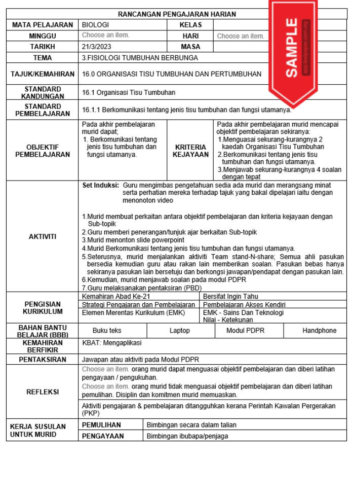 Muat turun RPH Biologi tingkatan 5 SPM. Dalam sesi pembelajaran ini, pelajar akan diperkenalkan dengan konsep-konsep penting berkaitan dengan topik yang melibatkan aspek biologi tingkat tinggi. Melalui pembelajaran ini, pelajar akan dapat memahami hubungan antara struktur dan fungsi dalam organisma hidup, serta aplikasi konsep-konsep biologi dalam kehidupan sehari-hari. RPH Biologi Tingkatan 5