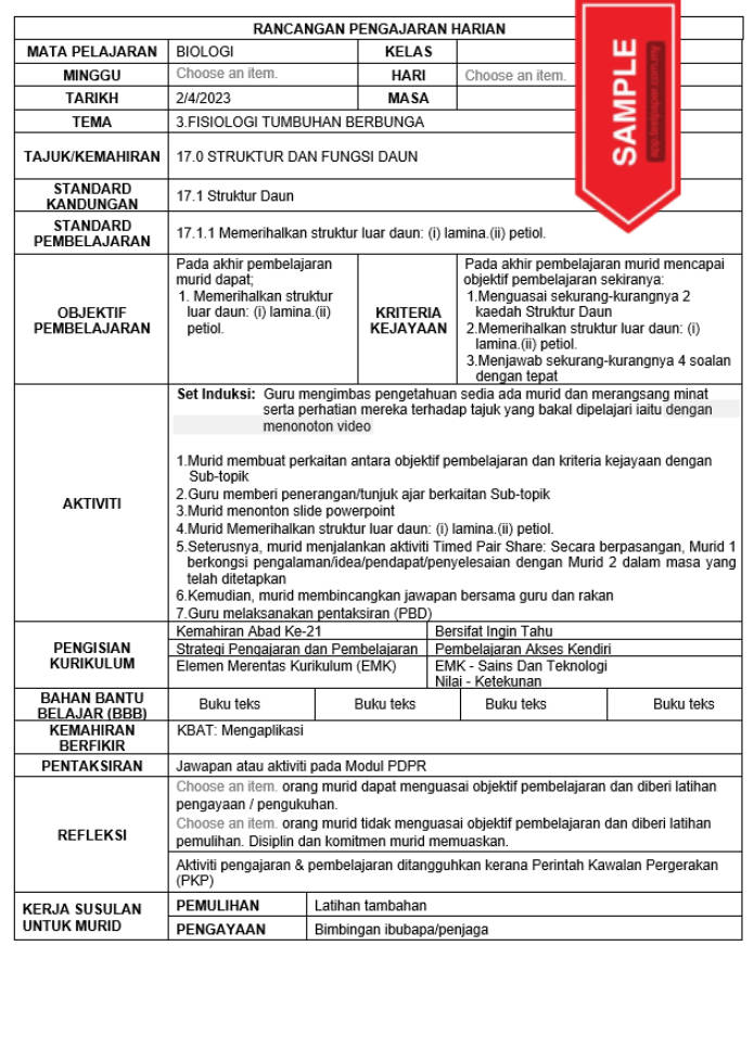 Muat turun RPH Biologi tingkatan 5 SPM. Dalam sesi pembelajaran ini, pelajar akan diperkenalkan dengan konsep-konsep penting berkaitan dengan topik yang melibatkan aspek biologi tingkat tinggi. Melalui pembelajaran ini, pelajar akan dapat memahami hubungan antara struktur dan fungsi dalam organisma hidup, serta aplikasi konsep-konsep biologi dalam kehidupan sehari-hari. RPH Biologi Tingkatan 5