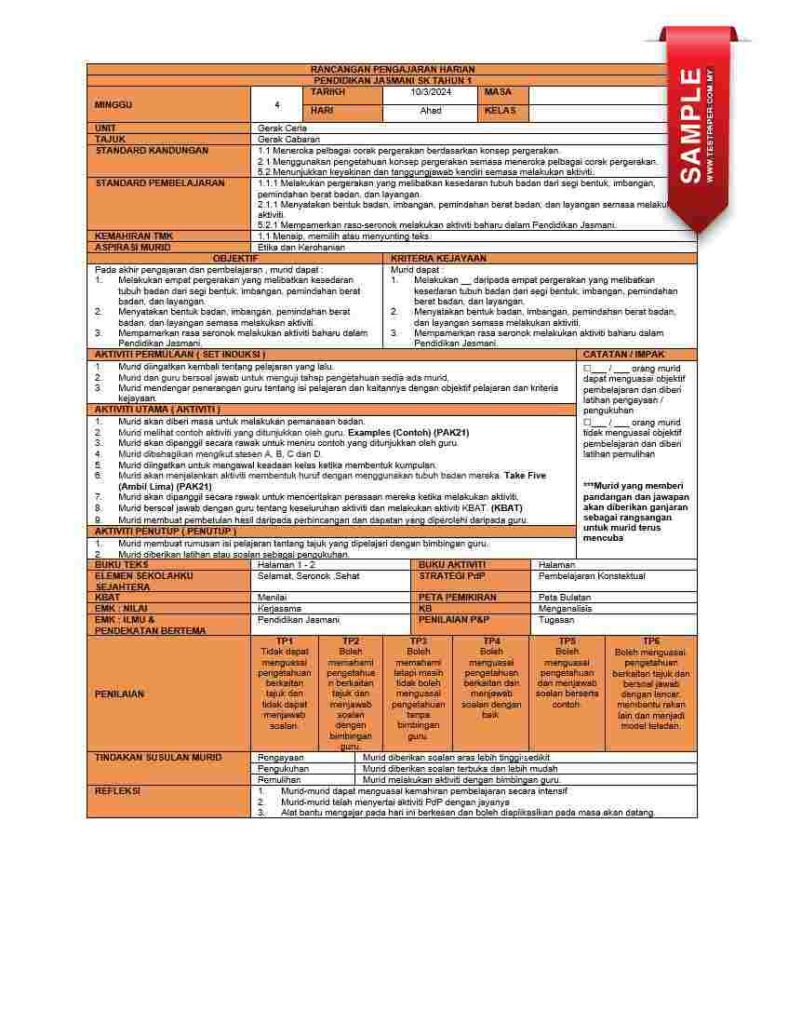 Download Lengkap RPH Pendidikan Jasmani Tahun 1 Terkini. Pendidikan Jasmani adalah aspek penting dalam pembangunan holistik kanak-kanak prasekolah. Melalui modul ini, pelajar diperkenalkan kepada aktiviti fizikal yang menyeronokkan serta menggalakkan perkembangan kesihatan dan kecergasan. Selain itu, pelajaran ini juga membantu memupuk nilai-nilai murni seperti kerjasama, disiplin, dan semangat bersukan yang membentuk asas perkembangan sahsiah kanak-kanak pada peringkat awal. RPH Pendidikan Jasmani Tahun 1