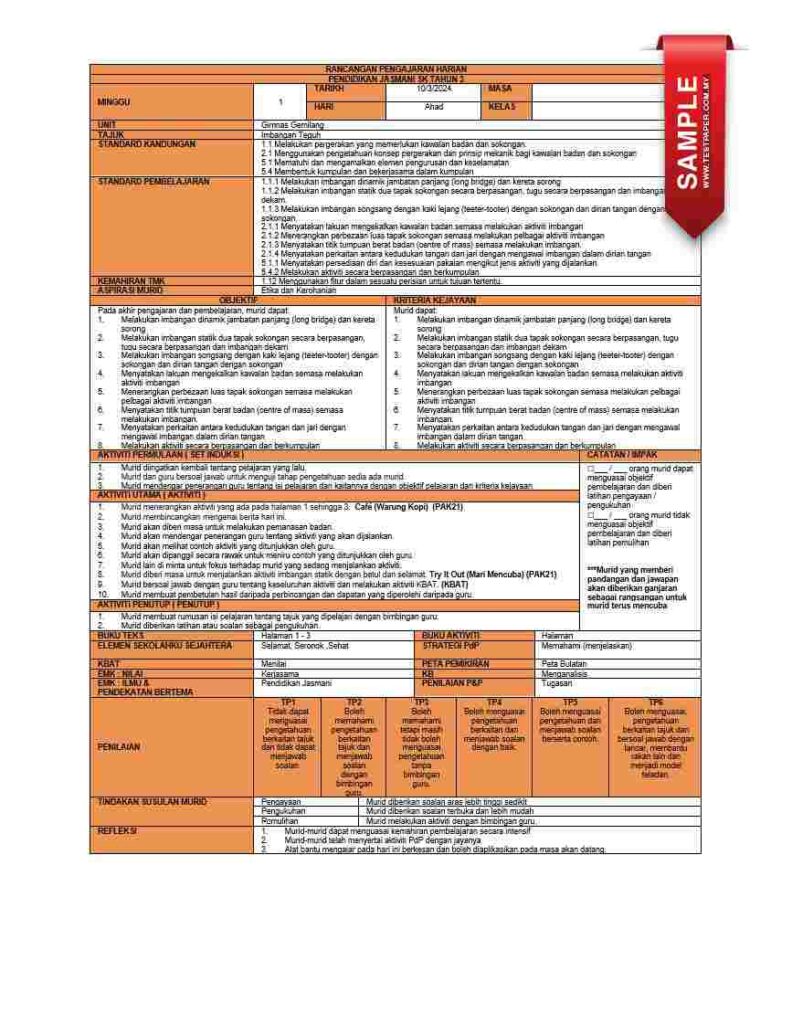 Download PDF RPH Pendidikan Jasmani Tahun 3. Pendidikan Jasmani merupakan satu bidang penting dalam kurikulum pendidikan, yang memberi penekanan kepada pembangunan fizikal, mental, dan sosial pelajar. Melalui pengajaran dan pembelajaran dalam mata pelajaran ini, pelajar diberi peluang untuk memperkukuhkan keupayaan fizikal, meningkatkan kecekapan motorik, serta mengamalkan nilai-nilai positif seperti kerjasama dan kesabaran. Oleh itu, Rancangan Pengajaran Harian (RPH) Pendidikan Jasmani bagi Tahun 3 memainkan peranan yang penting dalam menyediakan struktur dan panduan bagi guru-guru untuk menyampaikan pelajaran secara berkesan kepada pelajar. RPH Pendidikan Jasmani Tahun 3
