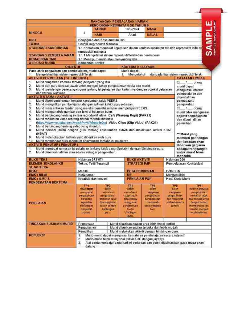 Download RPH Pendidikan Kesihatan Tahun 5. Pendidikan kesihatan memainkan peranan yang penting dalam memastikan kesihatan dan kesejahteraan masyarakat. Dengan pendedahan kepada pengetahuan dan amalan yang betul berkaitan dengan kesihatan, murid-murid dapat mengambil langkah-langkah yang proaktif untuk menjaga diri mereka sendiri dan juga orang lain. Dalam Rancangan Pengajaran Harian (RPH) Pendidikan Kesihatan untuk tahun 5, aspek-aspek penting seperti pemakanan sihat, kebersihan peribadi, dan aktiviti fizikal akan diberi penekanan bagi memupuk kesedaran kesihatan dalam kalangan murid. RPH Pendidikan Kesihatan Tahun 5