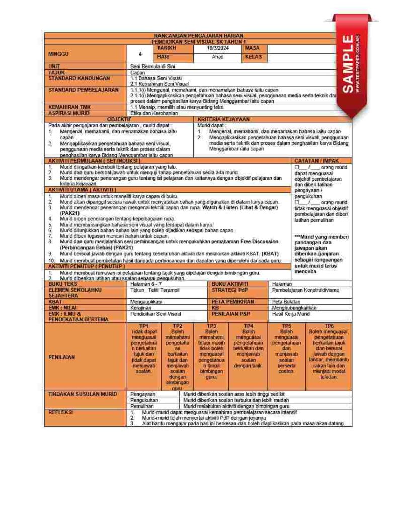 Download segera RPH Pendidikan Seni Visual tahun 1. Pendidikan Seni Visual merupakan aspek penting dalam kurikulum pendidikan yang membantu memperkembangkan kreativiti, ekspresi diri, dan kemahiran visual pelajar. Melalui mata pelajaran ini, pelajar diberi peluang untuk meluahkan perasaan dan idea mereka secara visual menggunakan pelbagai medium seperti pensel, kertas, dan bahan-bahan kreatif lain. Dalam konteks tahun pertama, pendidikan seni visual bertumpu pada pengenalan asas-asas lukisan, corak, dan bentuk, yang membentuk asas kepada kemahiran seni visual yang lebih kompleks pada peringkat yang akan datang. RPH Pendidikan Seni Visual Tahun 1