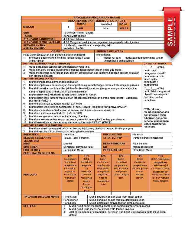 PDF RPH Reka Bentuk Teknologi tahun 5 terbaik. Dalam era globalisasi yang pesat, pengenalan kepada konsep dan aplikasi teknologi adalah penting bagi perkembangan pelajar-pelajar pada peringkat pendidikan asas. Rancangan Pengajaran Harian (RPH) Reka Bentuk Teknologi Tahun 5 bertujuan untuk memberi pendedahan kepada pelajar-pelajar tentang prinsip-prinsip asas reka bentuk teknologi serta kemahiran untuk mengaplikasikan pengetahuan tersebut dalam kehidupan harian. RPH Reka Bentuk Teknologi Tahun 5
