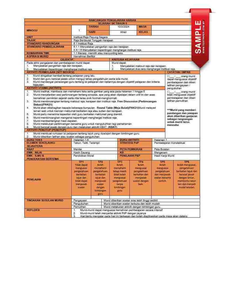 PDF RPH Sejarah Tahun 5 ini kami kongsikan untuk anda, sebelum ini berikut sedikit mukaddimah. Pada zaman dahulu kala, Tanah Melayu dipenuhi dengan kisah-kisah yang mempesonakan tentang perjuangan, kejayaan, dan kejatuhan. Melalui mata pelajaran Sejarah, pelajar-pelajar Tahun 5 akan dibawa dalam sebuah perjalanan yang menakjubkan untuk menggali pengetahuan tentang warisan budaya dan sejarah bangsa. Dalam mata pelajaran ini, mereka akan belajar tentang peristiwa-peristiwa penting yang membentuk landskap sejarah negara kita, dari zaman prasejarah hingga zaman moden. RPH Sejarah Tahun 5