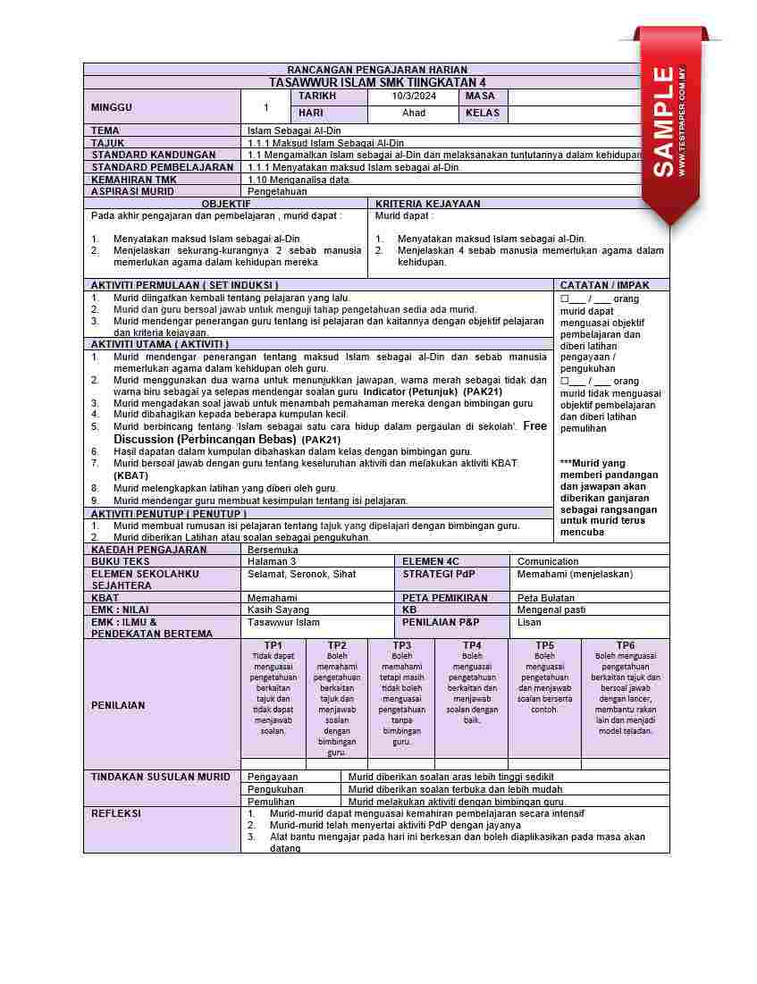 Download RPH Tasawwur Islam Tingkatan 4. Pendidikan Islam merupakan asas yang penting dalam pembentukan insan yang berakhlak mulia dan bertanggungjawab. Melalui mata pelajaran Tasawwur Islam, pelajar diberi peluang untuk memahami nilai-nilai serta prinsip-prinsip asas dalam agama Islam. Khususnya dalam Tingkatan 4, pengajaran dan pembelajaran dalam mata pelajaran ini bertumpu kepada pemahaman yang lebih mendalam tentang aqidah, ibadah, akhlak, dan muamalat dalam kehidupan seharian. RPH Tasawwur Islam Tingkatan 4