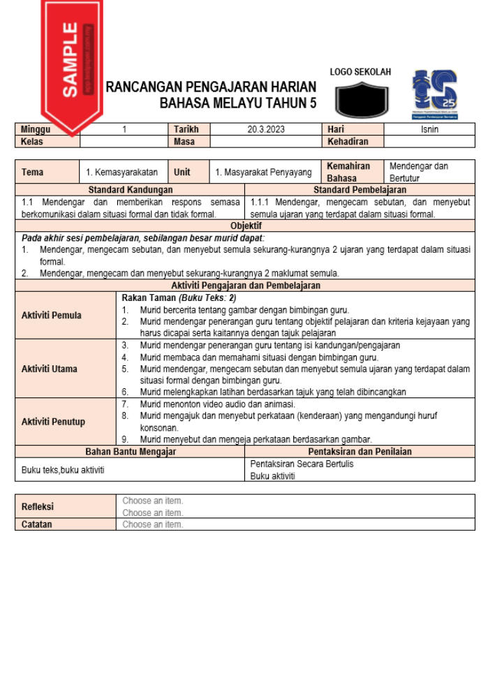 Seperti yang semua tahu, senarai RPH Bahasa Melayu tahun 5 yang paling lengkap adalah sumber yang amat berharga bagi guru-guru untuk merancang pengajaran yang berkesan dan bermakna dalam mata pelajaran ini. Dengan akses kepada senarai RPH yang komprehensif, guru dapat memastikan bahawa setiap aspek kurikulum terkini diambil kira dalam proses pengajaran dan pembelajaran.