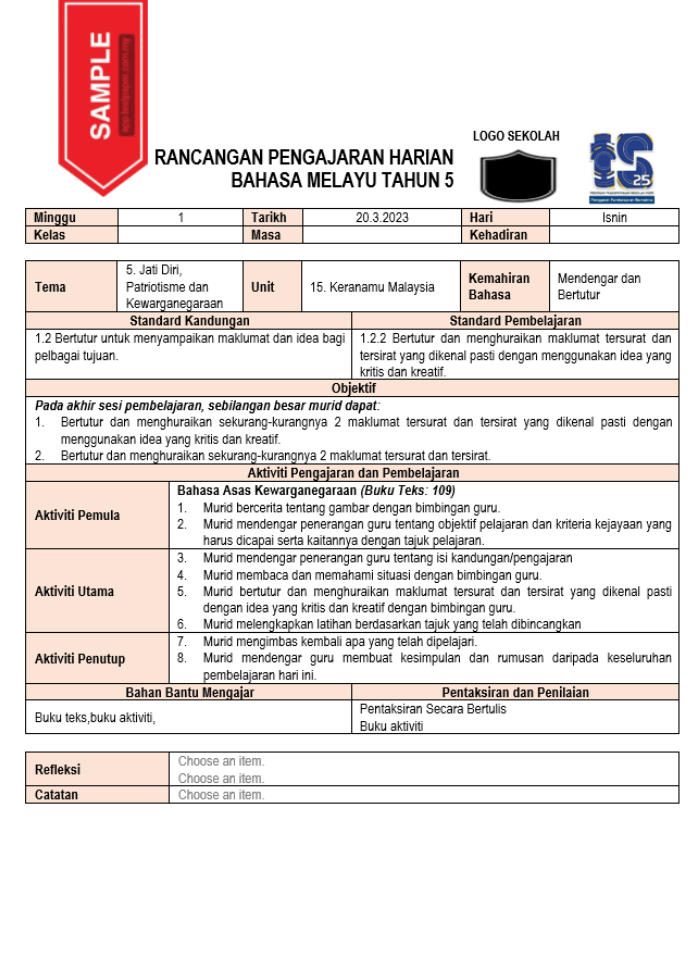 Seperti yang semua tahu, senarai RPH Bahasa Melayu tahun 5 yang paling lengkap adalah sumber yang amat berharga bagi guru-guru untuk merancang pengajaran yang berkesan dan bermakna dalam mata pelajaran ini. Dengan akses kepada senarai RPH yang komprehensif, guru dapat memastikan bahawa setiap aspek kurikulum terkini diambil kira dalam proses pengajaran dan pembelajaran.