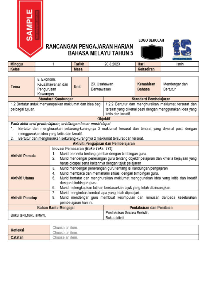 Seperti yang semua tahu, senarai RPH Bahasa Melayu tahun 5 yang paling lengkap adalah sumber yang amat berharga bagi guru-guru untuk merancang pengajaran yang berkesan dan bermakna dalam mata pelajaran ini. Dengan akses kepada senarai RPH yang komprehensif, guru dapat memastikan bahawa setiap aspek kurikulum terkini diambil kira dalam proses pengajaran dan pembelajaran.