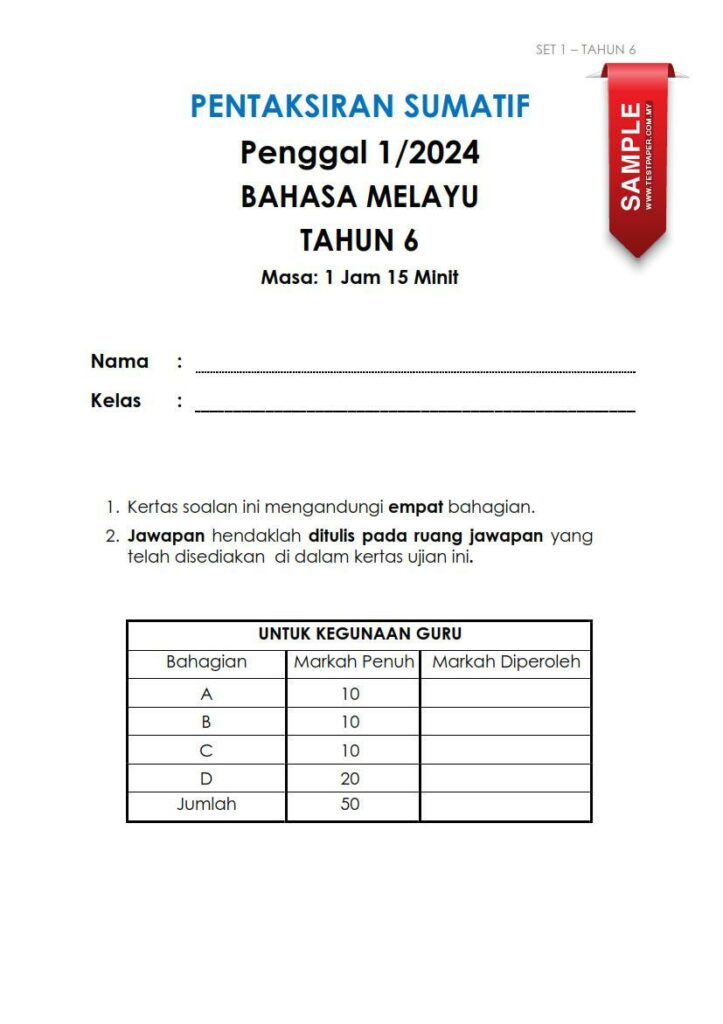Pentaksiran Sumatif dalam pendidikan adalah satu kaedah penting untuk menilai pengetahuan, kefahaman, dan kemahiran pelajar pada akhir sesuatu tempoh pengajian. Bagi mata pelajaran Bahasa Melayu pada tahun 6, pentaksiran ini memegang peranan penting dalam mengukur pencapaian pelajar terhadap matlamat pembelajaran. Dalam konteks ini, 2 set kertas pentaksiran sumatif Bahasa Melayu bagi penggal 1/2024 telah disiapkan dan disusun oleh guru Bahasa Melayu. Setiap set kertas terdiri daripada soalan dan skema jawapan, yang membolehkan pelajar memahami dengan lebih baik tajuk-tajuk yang diajarkan.