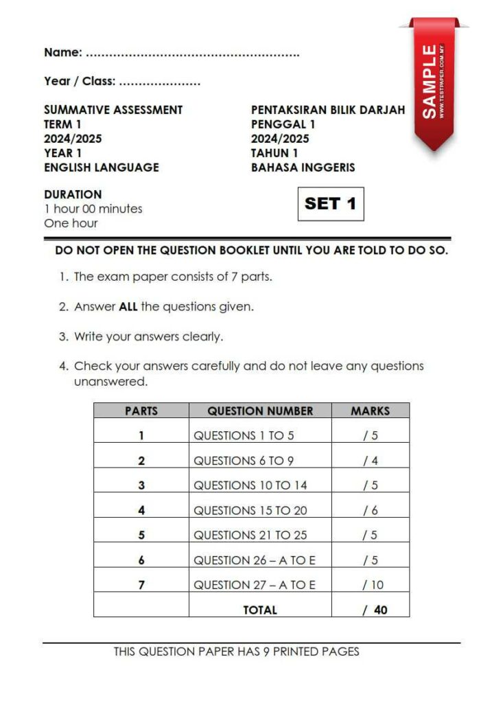 Terdapat dua set Soalan Ujian Sumatif English Year 1 Penggal 1 tahun 2024. Penyediaan dan susunan kertas tersebut adalah hasil usaha daripada Teacher English, yang bertujuan untuk memastikan kecekapan dan kesesuaian ujian dengan format pentaksiran bilik darjah terkini.