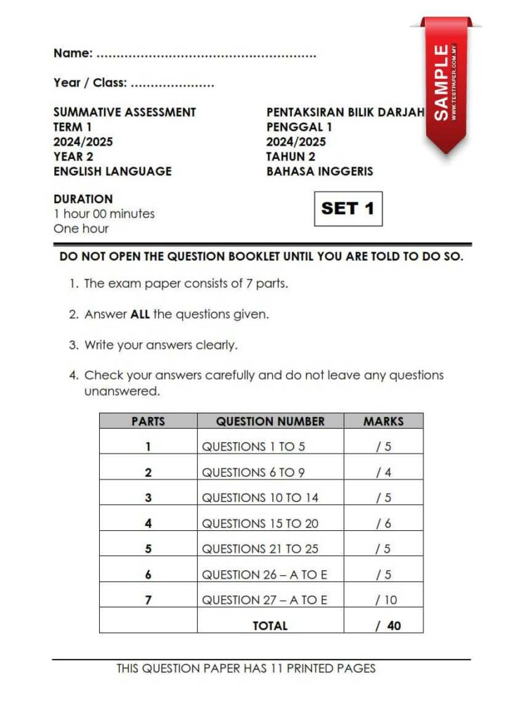 Kali ini, ramai para guru bahasa inggeris mencari Soalan Ujian Sumatif English Year 2 Penggal 1. Tidak lupa juga ibubapa yang prihati, ramai yang ingin mendapatkan set soalan pentaksiran ini khas untuk anak-anak tersayang.