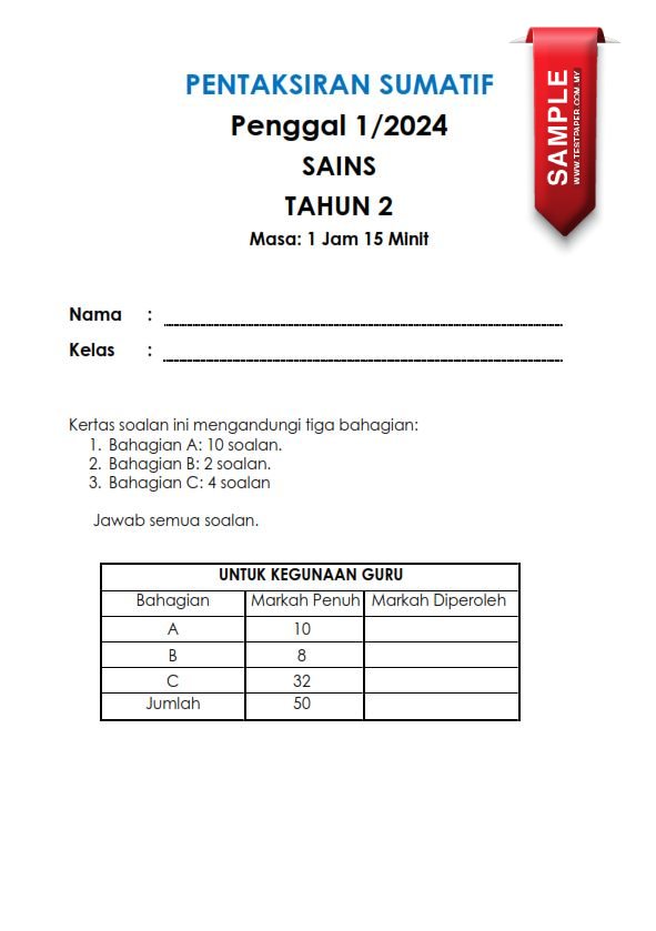 Soalan Ujian Sumatif Sains Tahun 2 Penggal 1 bagi sesi 2024 ini merupakan 1 set soalan pentaksiran sumatif yang sangat baik untuk dijadikan bahan latihan utama anak-anak tahun 2 sama ada semasa di rumah atau di sekolah.
