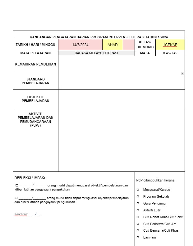 Download Bahan RPH Program Intervensi Literasi dan Numerasi Tahun 1. Program intervensi Literasi dan Numerasi Tahun 1 adalah satu usaha penting bagi memastikan pelajar menguasai asas-asas literasi dan numerasi sejak awal lagi. Bahan Rancangan Pengajaran Harian (RPH) yang disediakan untuk program ini adalah alat yang berharga bagi guru-guru untuk merancang dan melaksanakan aktiviti pembelajaran yang efektif. Dengan memuat turun bahan RPH ini, guru boleh merujuk kepada panduan yang lengkap dan tersusun, yang direka khas untuk membantu pelajar mencapai tahap literasi dan numerasi yang optimum. Download Bahan RPH Program Intervensi Literasi dan Numerasi Tahun 1