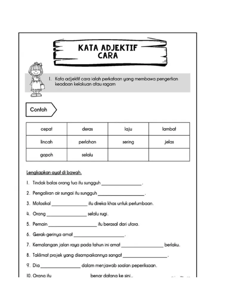 Kata adjektif cara merupakan salah satu daripada jenis kata adjektif yang penting dalam pembentukan ayat bahasa Melayu. Nota tentang kata adjektif ini sangat membantu dalam memahami penggunaan perkataan yang menerangkan keadaan, kelakuan, atau cara sesuatu tindakan dilakukan. Dengan menguasai kata adjektif ini, seseorang dapat menghasilkan ayat yang lebih deskriptif dan tepat. Dalam artikel ini, kami akan membincangkan secara terperinci mengenai kata adjektif ini serta menyediakan soalan latihan untuk memantapkan pemahaman anda. Soalan Latihan Kata Adjektif Bagi Cara Versi 1