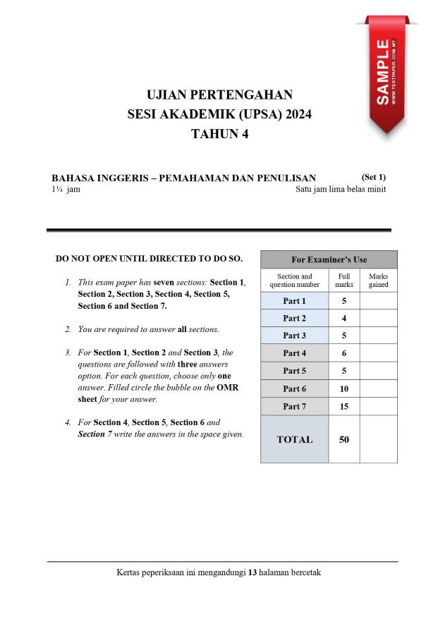 Dapatkan Kertas Ujian Pertengahan Tahun BI Tahun 4 PDF Yang Sangat ...