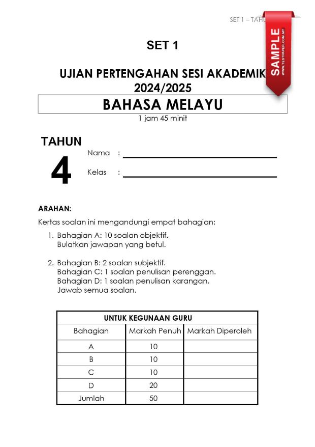 Download Kertas Ujian Pertengahan Tahun BM Tahun 4 PDF Yang Effective ...