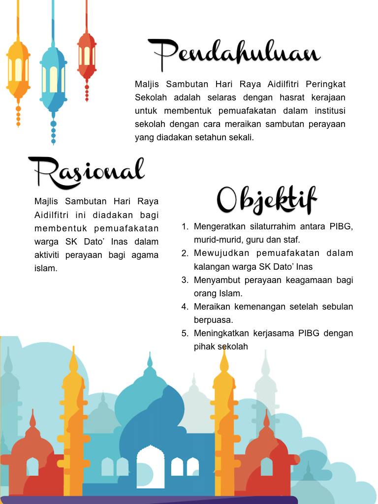 Di sekolah dan organisasi, Hari Raya disambut dengan penuh kegembiraan melalui pelbagai program khas. Antara elemen penting dalam sambutan ini termasuklah: