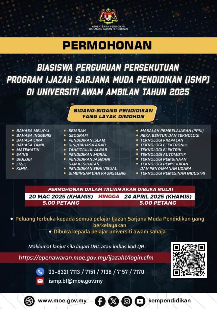Biasiswa Perguruan Persekutuan ISMP 2025 merupakan salah satu inisiatif utama Kementerian Pendidikan Malaysia (KPM) dalam memastikan kelangsungan pendidikan berkualiti di negara ini. Program ini khusus untuk pelajar tahun pertama dan kedua yang sedang mengikuti Ijazah Sarjana Muda Pendidikan di Universiti Awam. Dengan adanya biasiswa ini, lebih ramai tenaga pendidik berkualiti dapat dilahirkan bagi memenuhi keperluan sektor pendidikan negara.