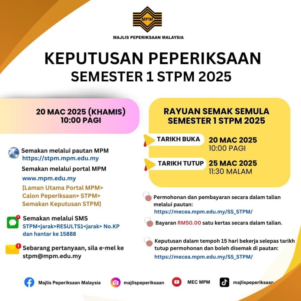Majlis Peperiksaan Malaysia (MPM) telah mengumumkan bahawa keputusan Semester 1 STPM 2025 akan dikeluarkan pada 20 Mac 2025 (Khamis) jam 10:00 pagi. Calon yang menduduki peperiksaan ini boleh menyemak keputusan mereka melalui beberapa kaedah yang disediakan oleh MPM bagi memastikan akses yang mudah dan pantas. Semak Keputusan Peperiksaan Semester 1 STPM