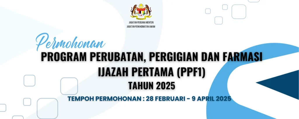 Program Khas Perubatan, Pergigian dan Farmasi (PPF1) Ijazah Pertama 2025 merupakan program tajaan pendidikan oleh Jabatan Perkhidmatan Awam (JPA) khusus untuk pelajar bidang Perubatan, Pergigian dan Farmasi di peringkat Ijazah Pertama dalam negara. Program ini terbuka kepada pelajar yang sedang atau akan melanjutkan pengajian ijazah pertama di universiti awam (UA) dalam Malaysia, dalam bidang perubatan, pergigian atau farmasi yang diiktiraf oleh Agensi Kelayakan Malaysia (MQA) serta diakui oleh badan profesional berkaitan seperti Majlis Perubatan Malaysia, Majlis Pergigian Malaysia, dan Lembaga Farmasi Malaysia. Permohonan Penajaan Program Khas Perubatan, Pergigian & Farmasi (PPF1) Ijazah Pertama 2025