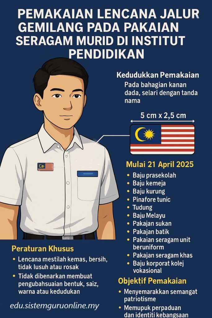 Semangat patriotisme merupakan tunjang utama pembinaan jati diri generasi muda Malaysia. Menyedari hakikat ini, Kementerian Pendidikan Malaysia (KPM) secara konsisten memperkenalkan pelbagai inisiatif yang bertujuan menyemai nilai patriotisme dalam kalangan murid di semua institusi pendidikan sejak peringkat akar umbi lagi. Salah satu inisiatif terbaru yang diperkenalkan ialah pemakaian lencana Jalur Gemilang pada pakaian seragam murid. Pemakaian Lencana Jalur Gemilang Pada Pakaian Seragam Murid di Institusi Pendidikan Bermula April 2025
