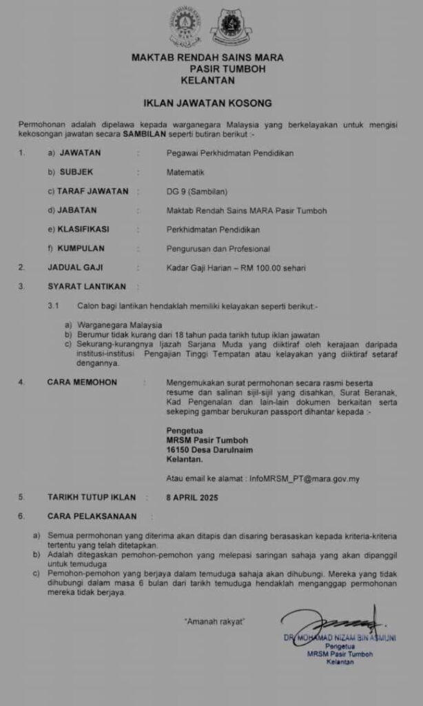 Maktab Rendah Sains MARA MRSM Pasir Tumboh 2025 kini membuka peluang kepada individu yang berkelayakan dan bersemangat dalam bidang pendidikan untuk mengisi kekosongan sebagai Guru Sambilan Matematik bagi sesi 2025. Peluang ini sangat sesuai bagi graduan pendidikan atau individu yang mempunyai kelulusan dalam bidang Matematik dan bercita-cita untuk menyumbang dalam dunia pendidikan menengah MARA yang berprestij.